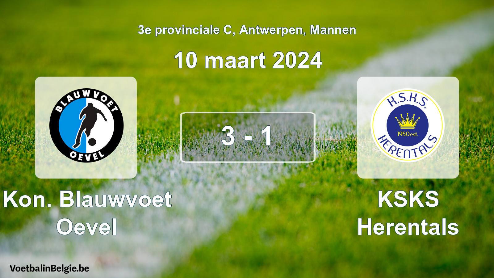 Gespeelde wedstrijd mannenvoetbal: Kon. Blauwvoet Oevel - KSKS Herentals 3 - 1 (10 maart 2024)