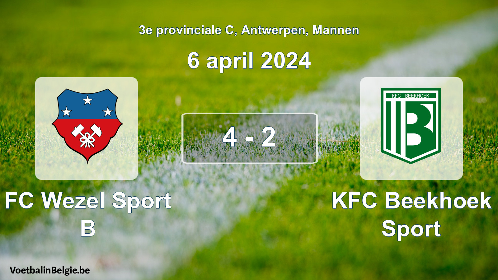Gespeelde wedstrijd mannenvoetbal: FC Wezel Sport B - KFC Beekhoek Sport 4 - 2 (6 april 2024)