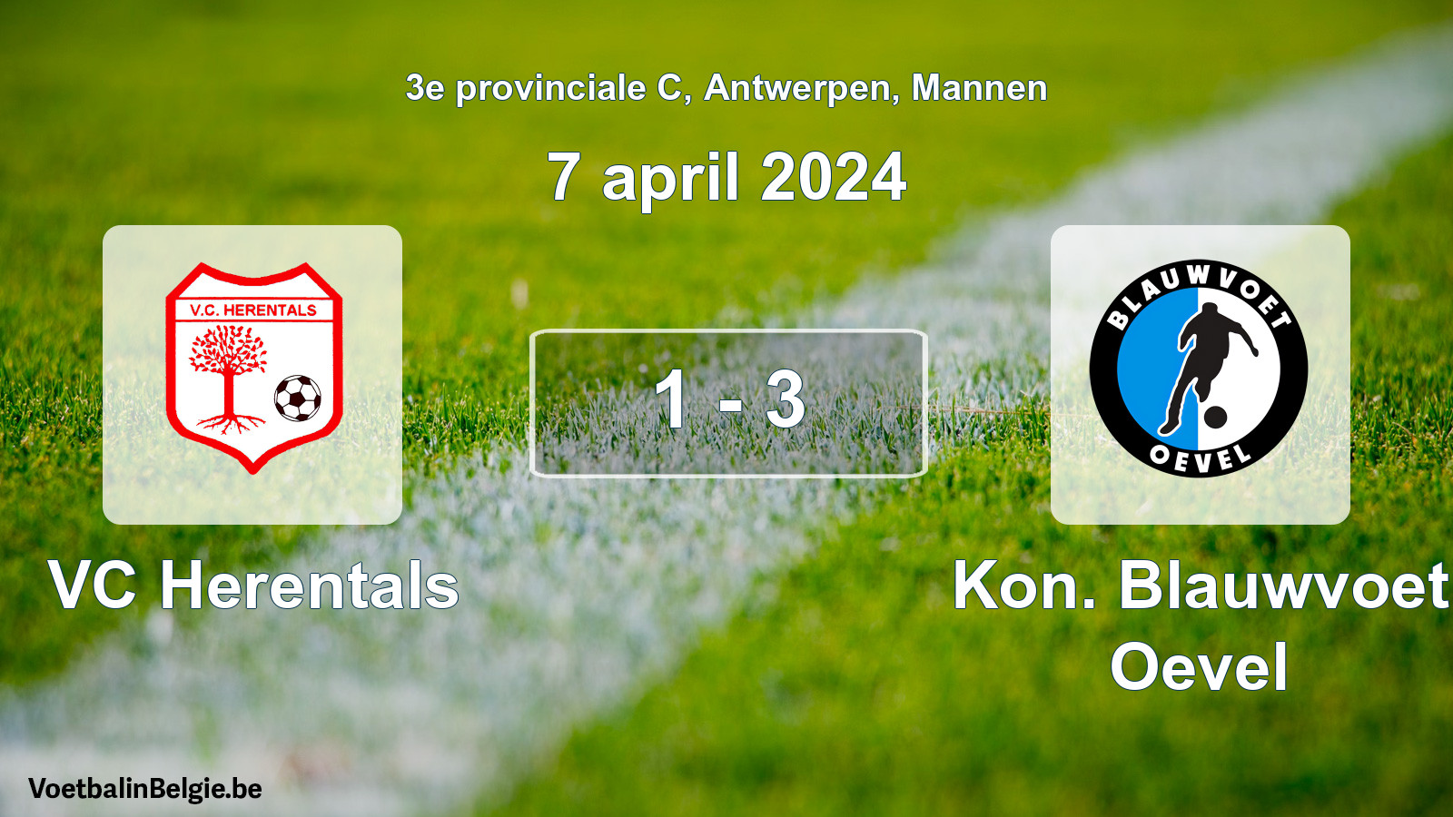 Gespeelde wedstrijd mannenvoetbal: VC Herentals - Kon. Blauwvoet Oevel 1 - 3 (7 april 2024)