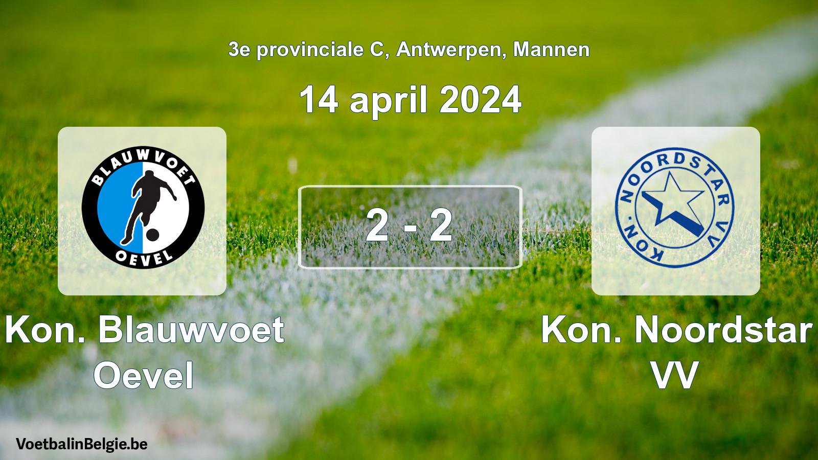 Gespeelde wedstrijd mannenvoetbal: Kon. Blauwvoet Oevel - Kon. Noordstar VV 2 - 2 (14 april 2024)