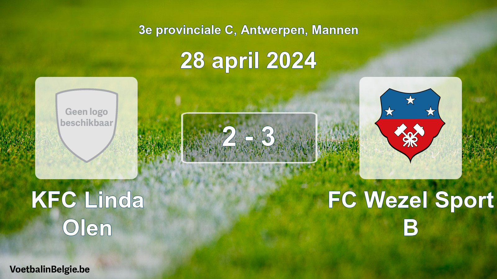 Gespeelde wedstrijd mannenvoetbal: KFC Linda Olen - FC Wezel Sport B 2 - 3 (28 april 2024)