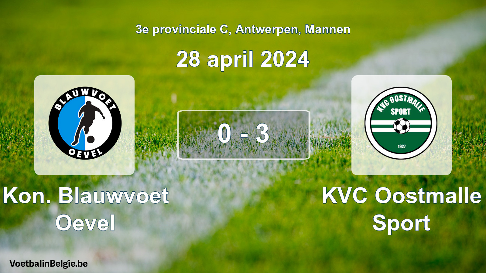 Gespeelde wedstrijd mannenvoetbal: Kon. Blauwvoet Oevel - KVC Oostmalle Sport 0 - 3 (28 april 2024)