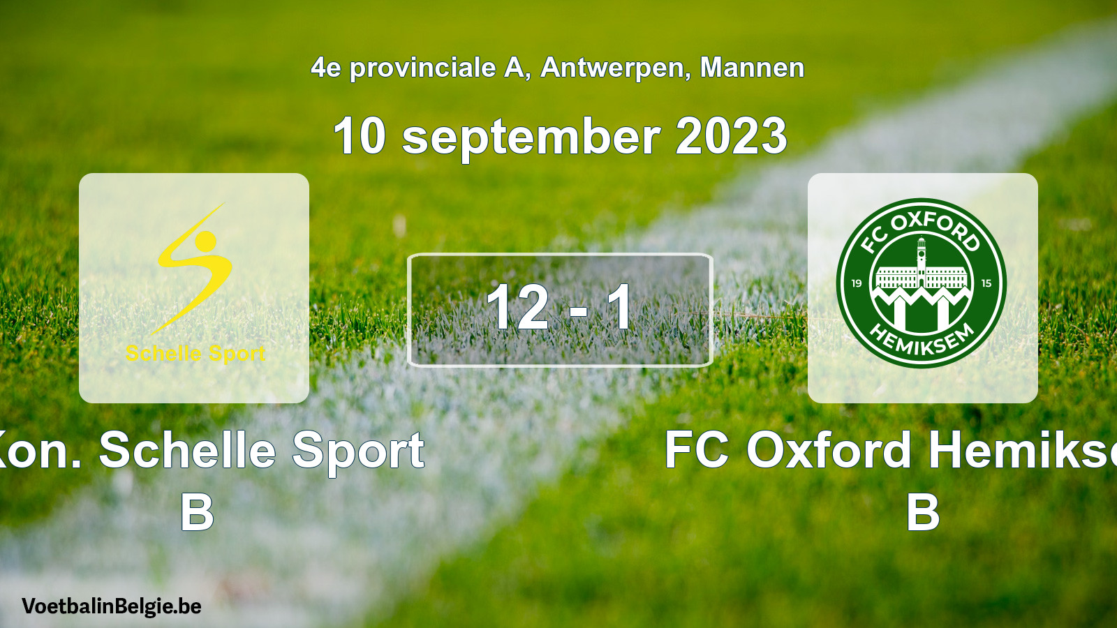 Gespeelde wedstrijd mannenvoetbal: Kon. Schelle Sport B - FC Oxford Hemiksem B 12 - 1 (10 september 2023)