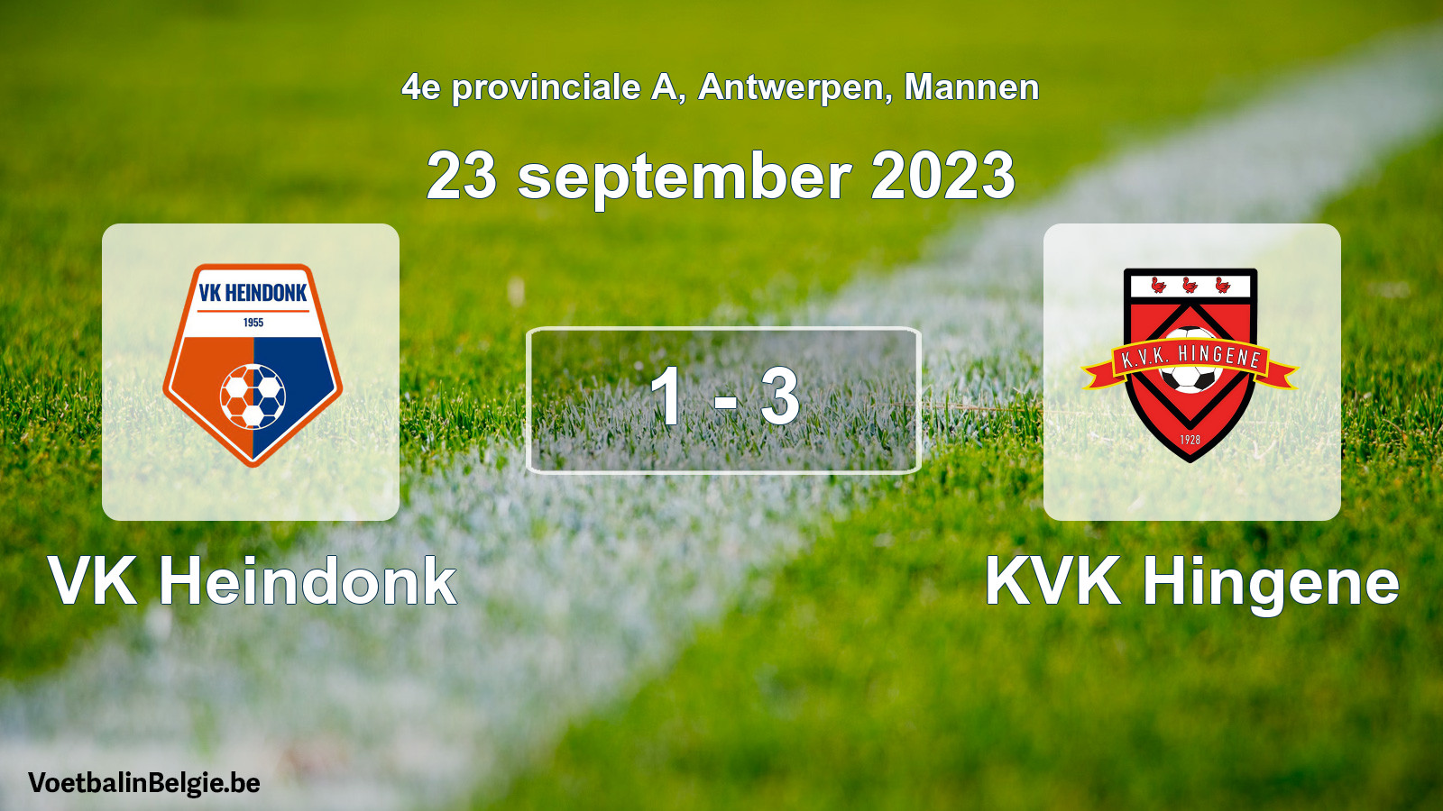 Gespeelde wedstrijd mannenvoetbal: VK Heindonk - KVK Hingene 1 - 3 (23 september 2023)