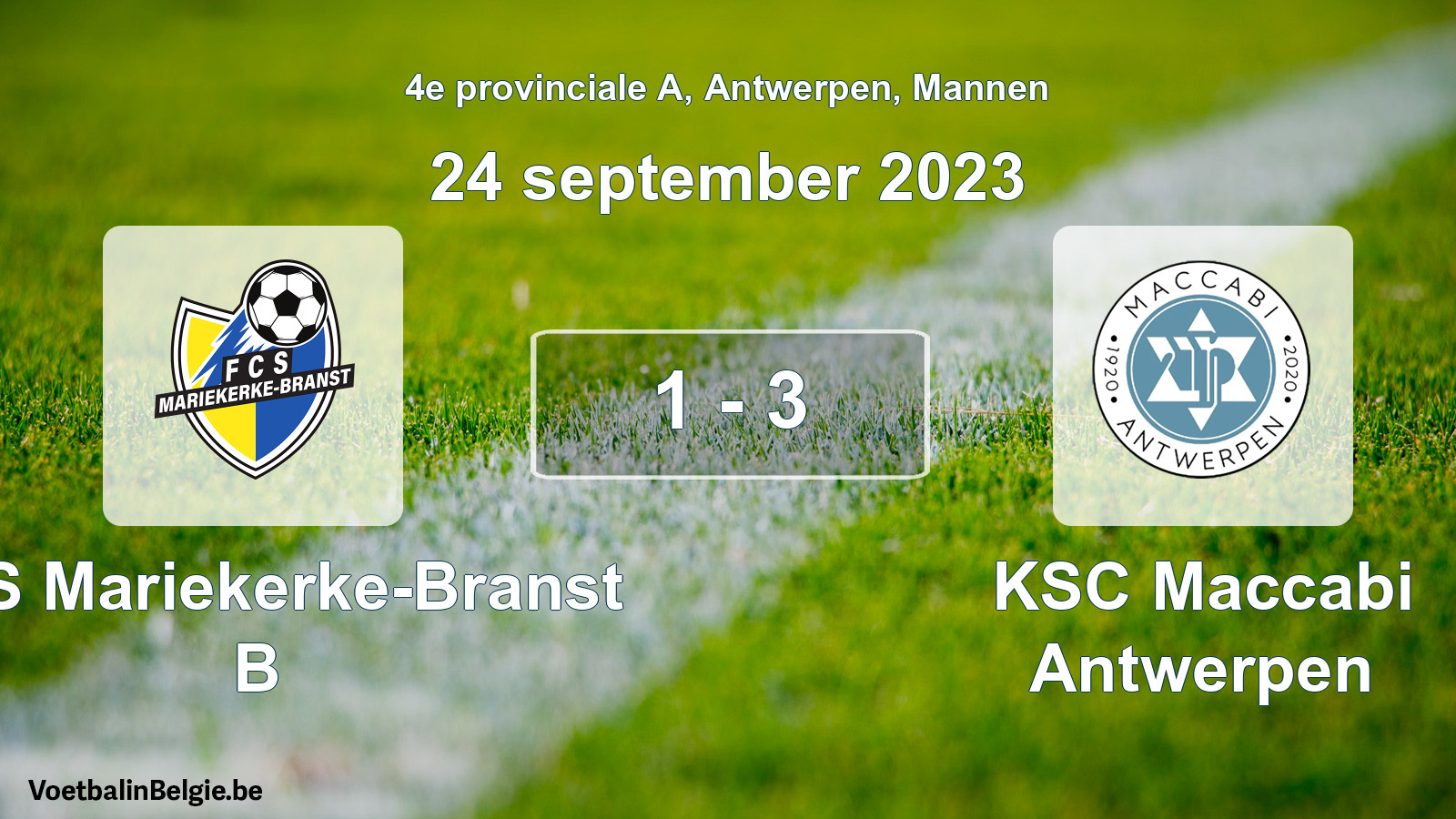 Gespeelde wedstrijd mannenvoetbal: FCS Mariekerke-Branst B - KSC Maccabi Antwerpen 1 - 3 (24 september 2023)