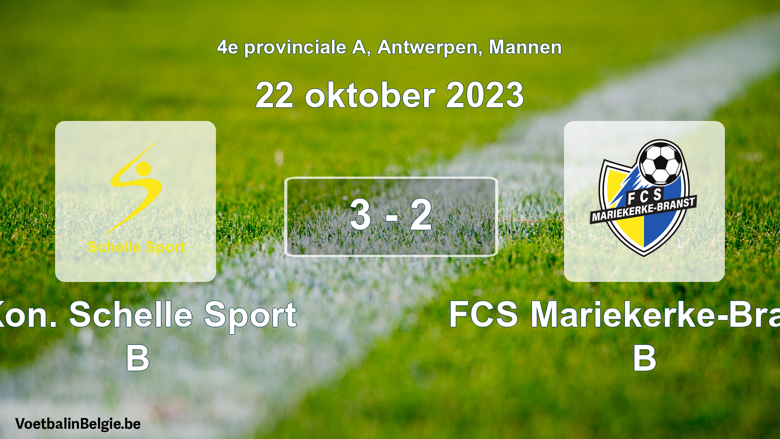 Gespeelde wedstrijd mannenvoetbal: Kon. Schelle Sport B - FCS Mariekerke-Branst B 3 - 2 (22 oktober 2023)