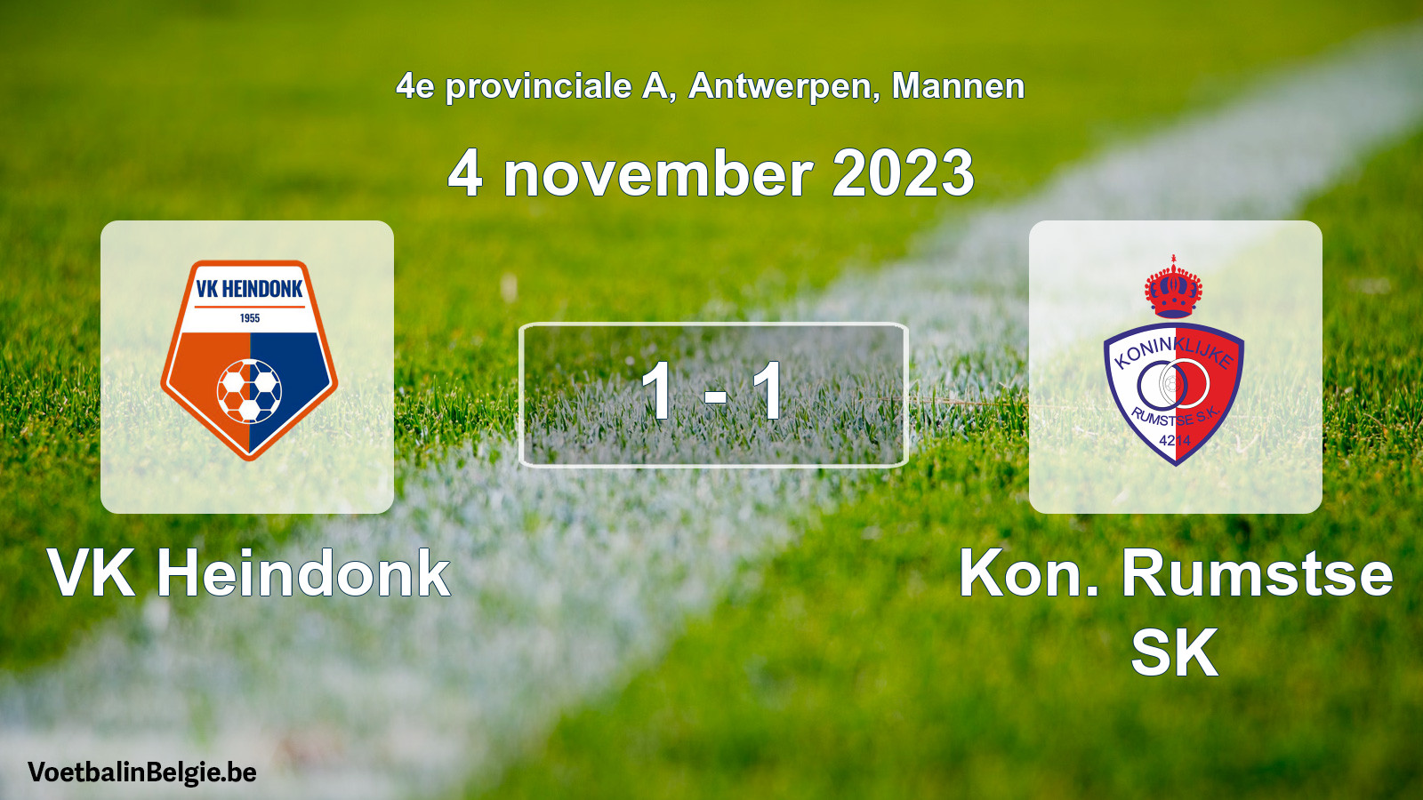 Gespeelde wedstrijd mannenvoetbal: VK Heindonk - Kon. Rumstse SK 1 - 1 (4 november 2023)