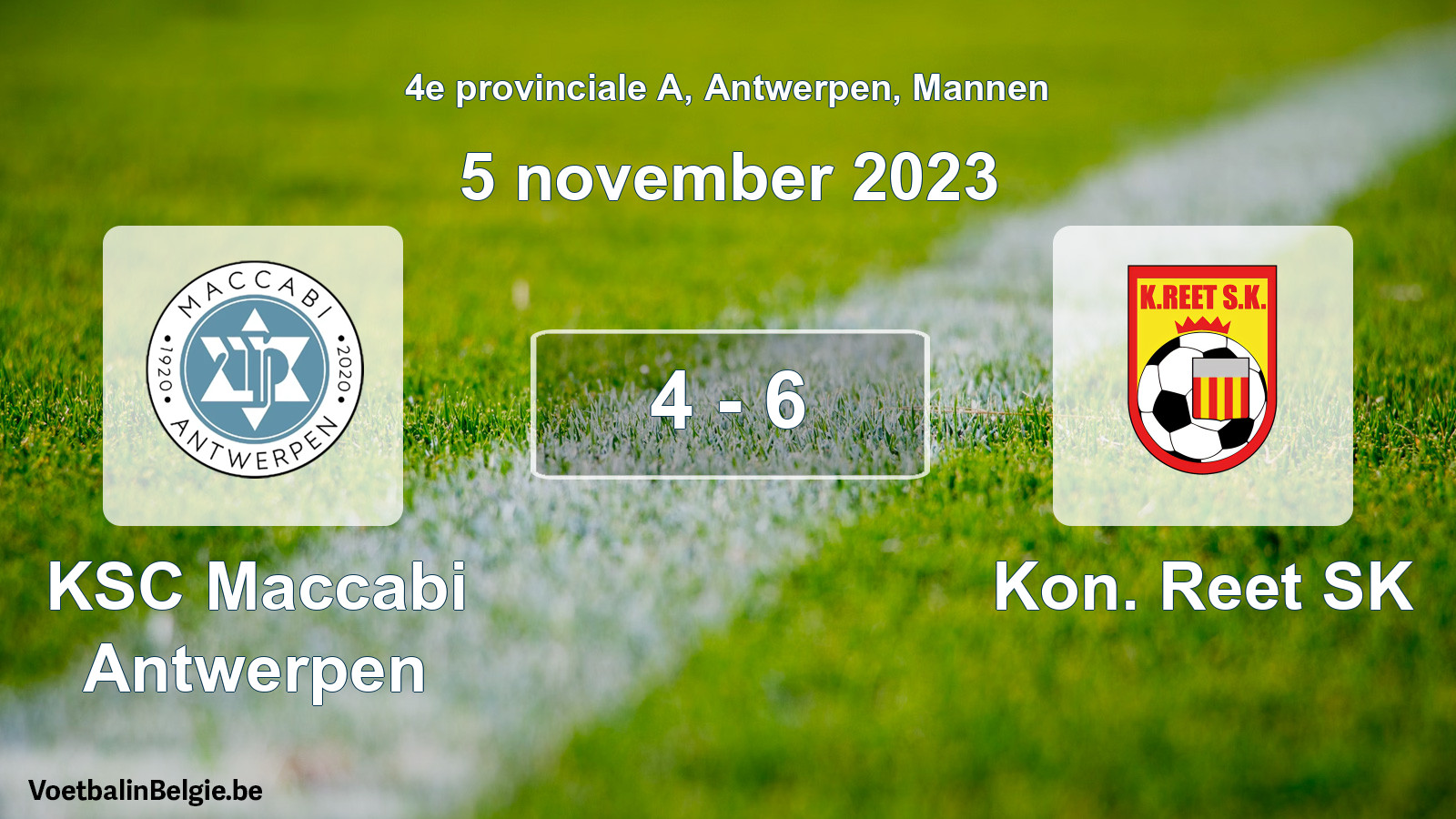 Gespeelde wedstrijd mannenvoetbal: KSC Maccabi Antwerpen - Kon. Reet SK 4 - 6 (5 november 2023)