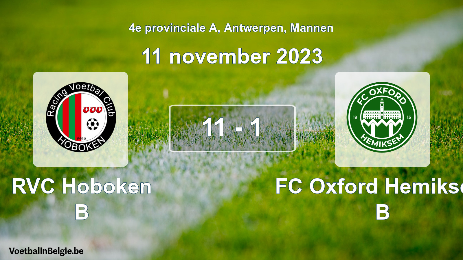 Gespeelde wedstrijd mannenvoetbal: RVC Hoboken B - FC Oxford Hemiksem B 11 - 1 (11 november 2023)