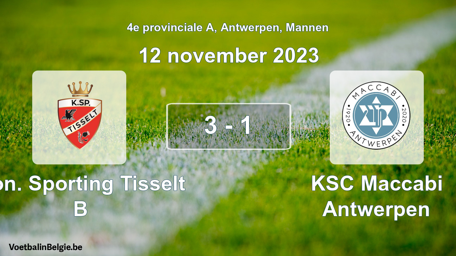 Gespeelde wedstrijd mannenvoetbal: Kon. Sporting Tisselt B - KSC Maccabi Antwerpen 3 - 1 (12 november 2023)