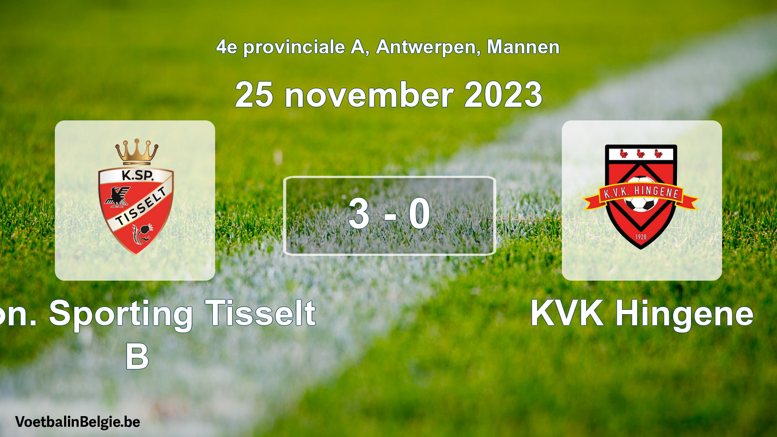 Gespeelde wedstrijd mannenvoetbal: Kon. Sporting Tisselt B - KVK Hingene 3 - 0 (25 november 2023)