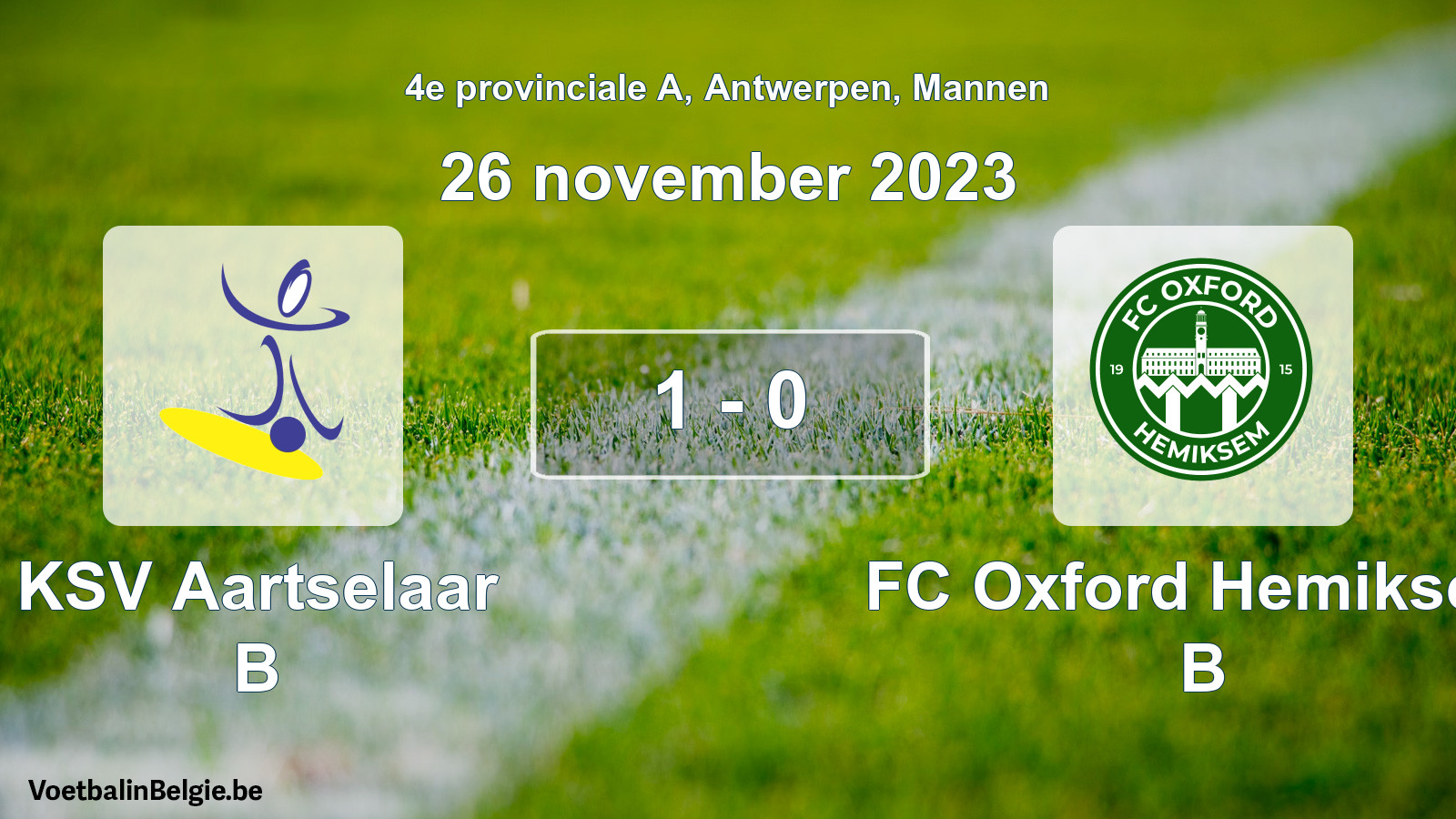 Gespeelde wedstrijd mannenvoetbal: KSV Aartselaar B - FC Oxford Hemiksem B 1 - 0 (26 november 2023)