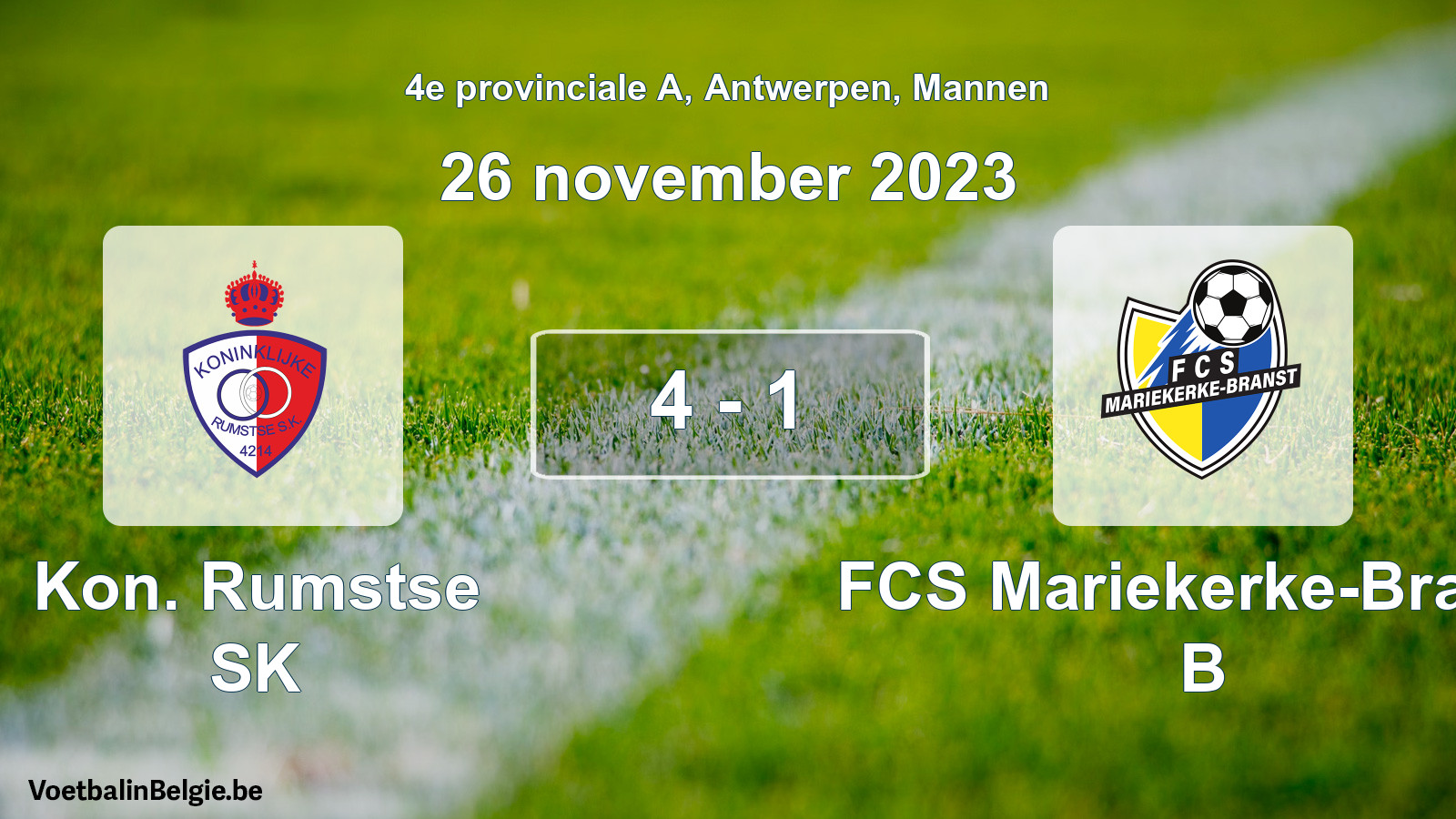 Gespeelde wedstrijd mannenvoetbal: Kon. Rumstse SK - FCS Mariekerke-Branst B 4 - 1 (26 november 2023)