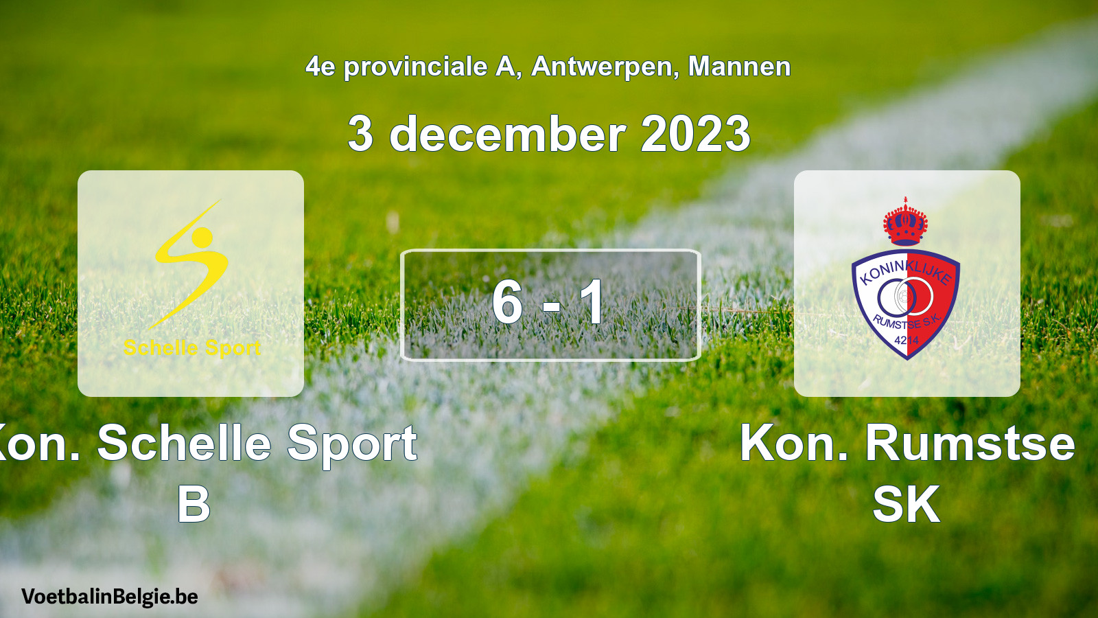 Gespeelde wedstrijd mannenvoetbal: Kon. Schelle Sport B - Kon. Rumstse SK 6 - 1 (3 december 2023)