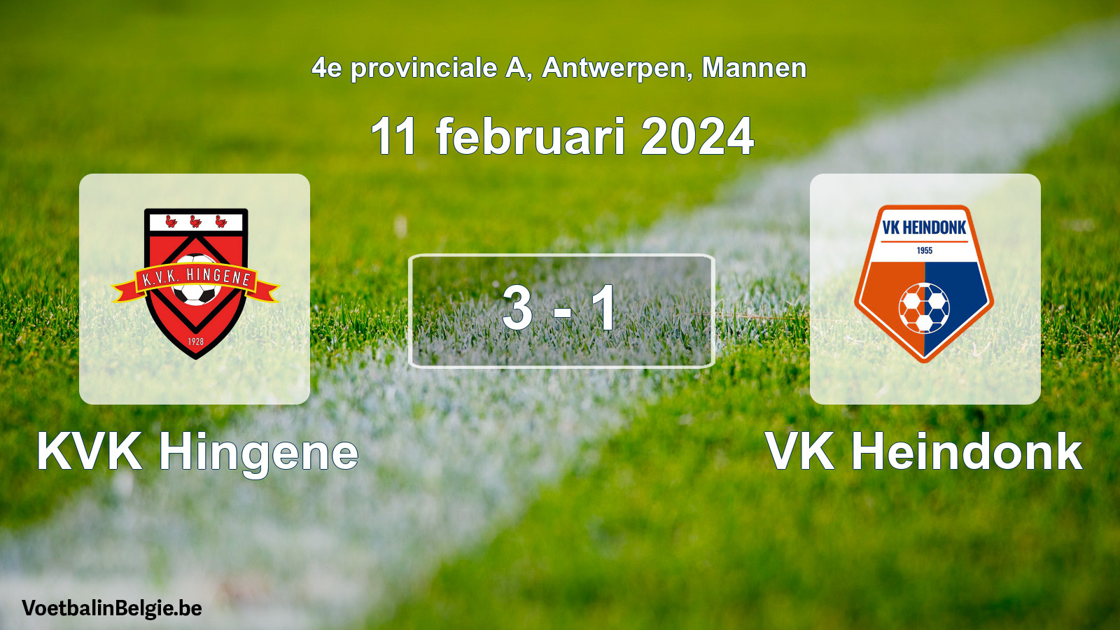 Gespeelde wedstrijd mannenvoetbal: KVK Hingene - VK Heindonk 3 - 1 (11 februari 2024)