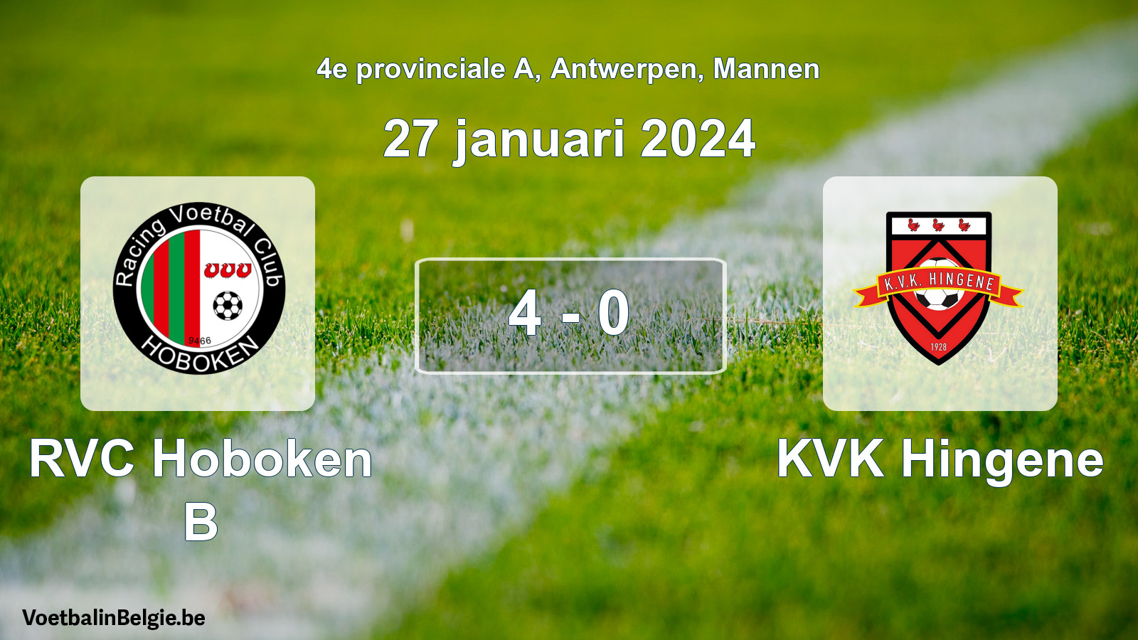 Gespeelde wedstrijd mannenvoetbal: RVC Hoboken B - KVK Hingene 4 - 0 (27 januari 2024)