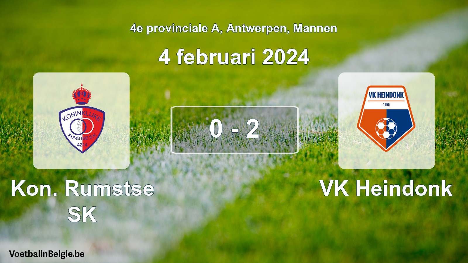 Gespeelde wedstrijd mannenvoetbal: Kon. Rumstse SK - VK Heindonk 0 - 2 (4 februari 2024)