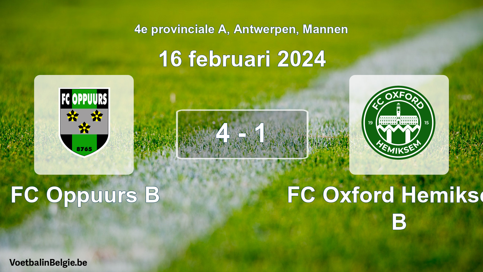 Gespeelde wedstrijd mannenvoetbal: FC Oppuurs B - FC Oxford Hemiksem B 4 - 1 (16 februari 2024)
