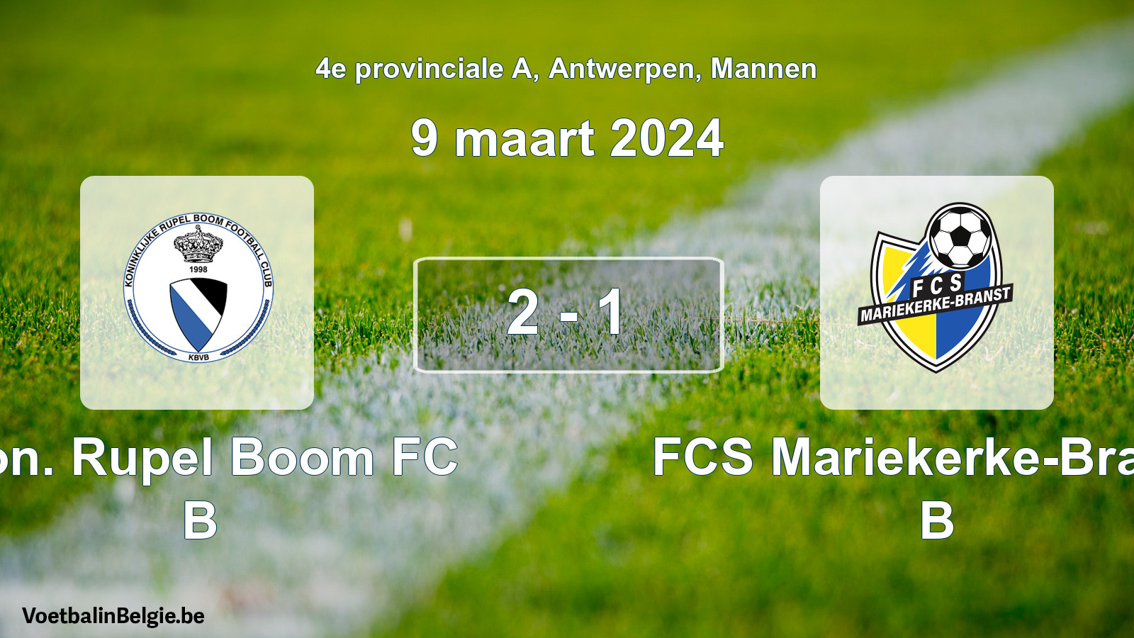 Gespeelde wedstrijd mannenvoetbal: Kon. Rupel Boom FC B - FCS Mariekerke-Branst B 2 - 1 (9 maart 2024)