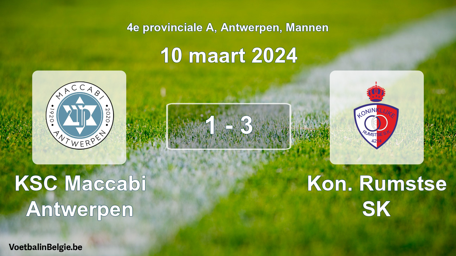 Gespeelde wedstrijd mannenvoetbal: KSC Maccabi Antwerpen - Kon. Rumstse SK 1 - 3 (10 maart 2024)