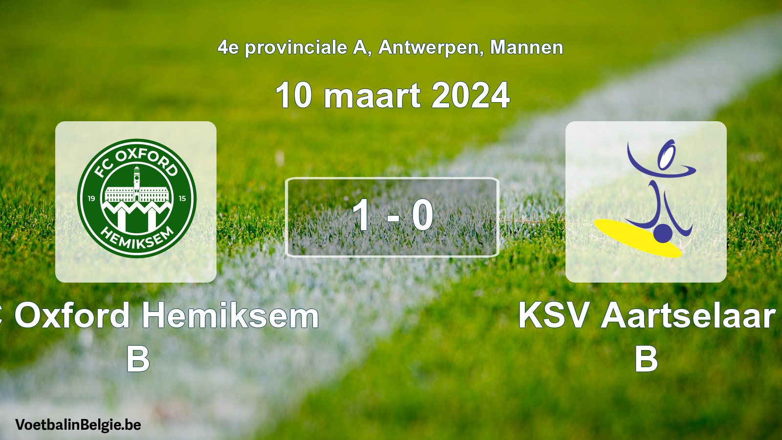 Gespeelde wedstrijd mannenvoetbal: FC Oxford Hemiksem B - KSV Aartselaar B 1 - 0 (10 maart 2024)