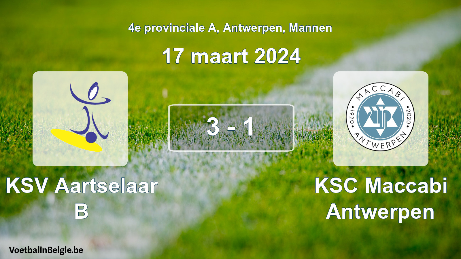 Gespeelde wedstrijd mannenvoetbal: KSV Aartselaar B - KSC Maccabi Antwerpen 3 - 1 (17 maart 2024)