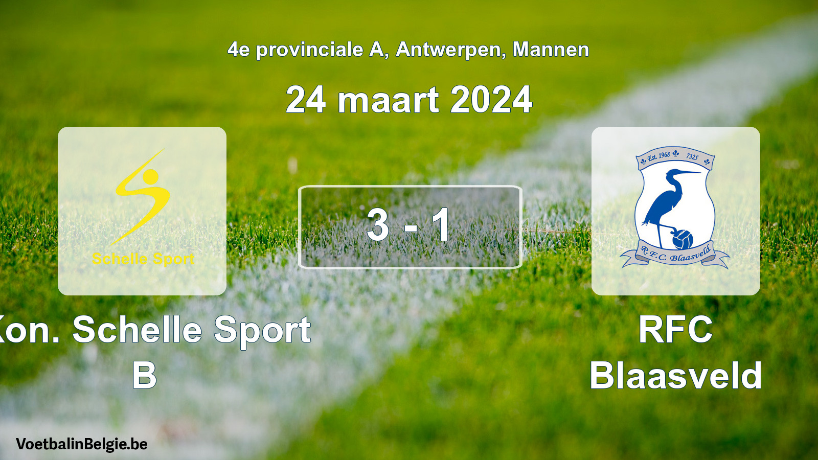 Gespeelde wedstrijd mannenvoetbal: Kon. Schelle Sport B - RFC Blaasveld 3 - 1 (24 maart 2024)