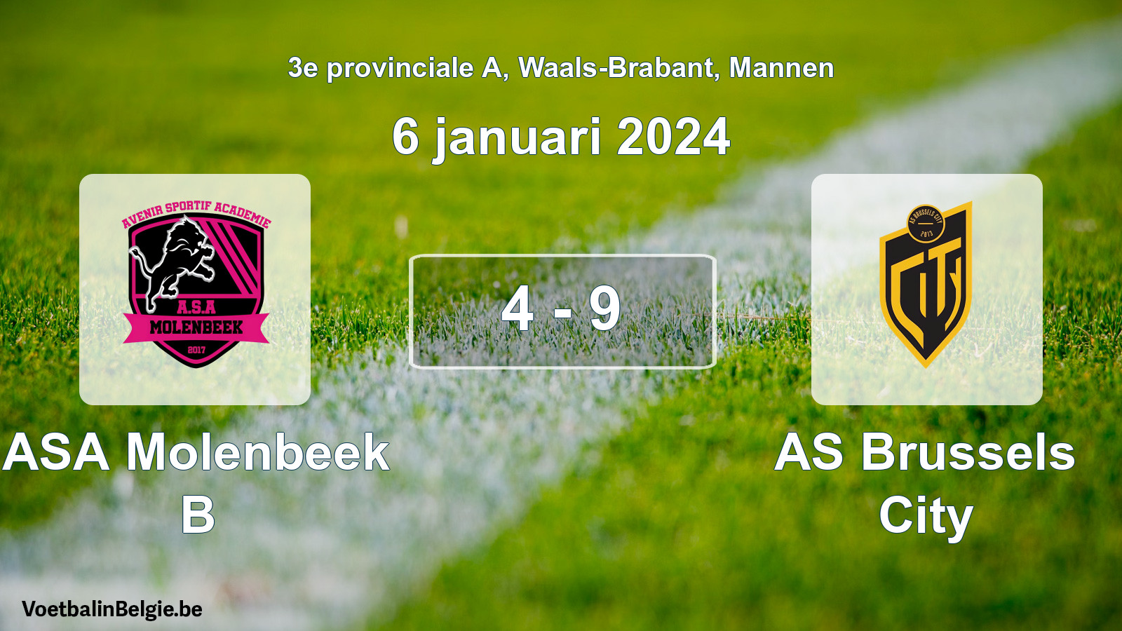 Gespeelde wedstrijd mannenvoetbal: ASA Molenbeek B - AS Brussels City 4 - 9 (6 januari 2024)