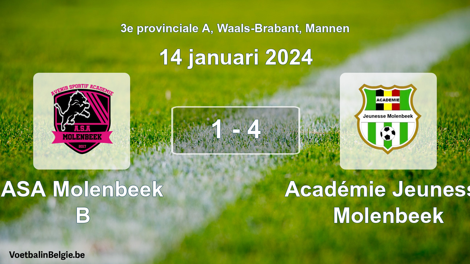 Gespeelde wedstrijd mannenvoetbal: ASA Molenbeek B - Académie Jeunesse Molenbeek 1 - 4 (14 januari 2024)