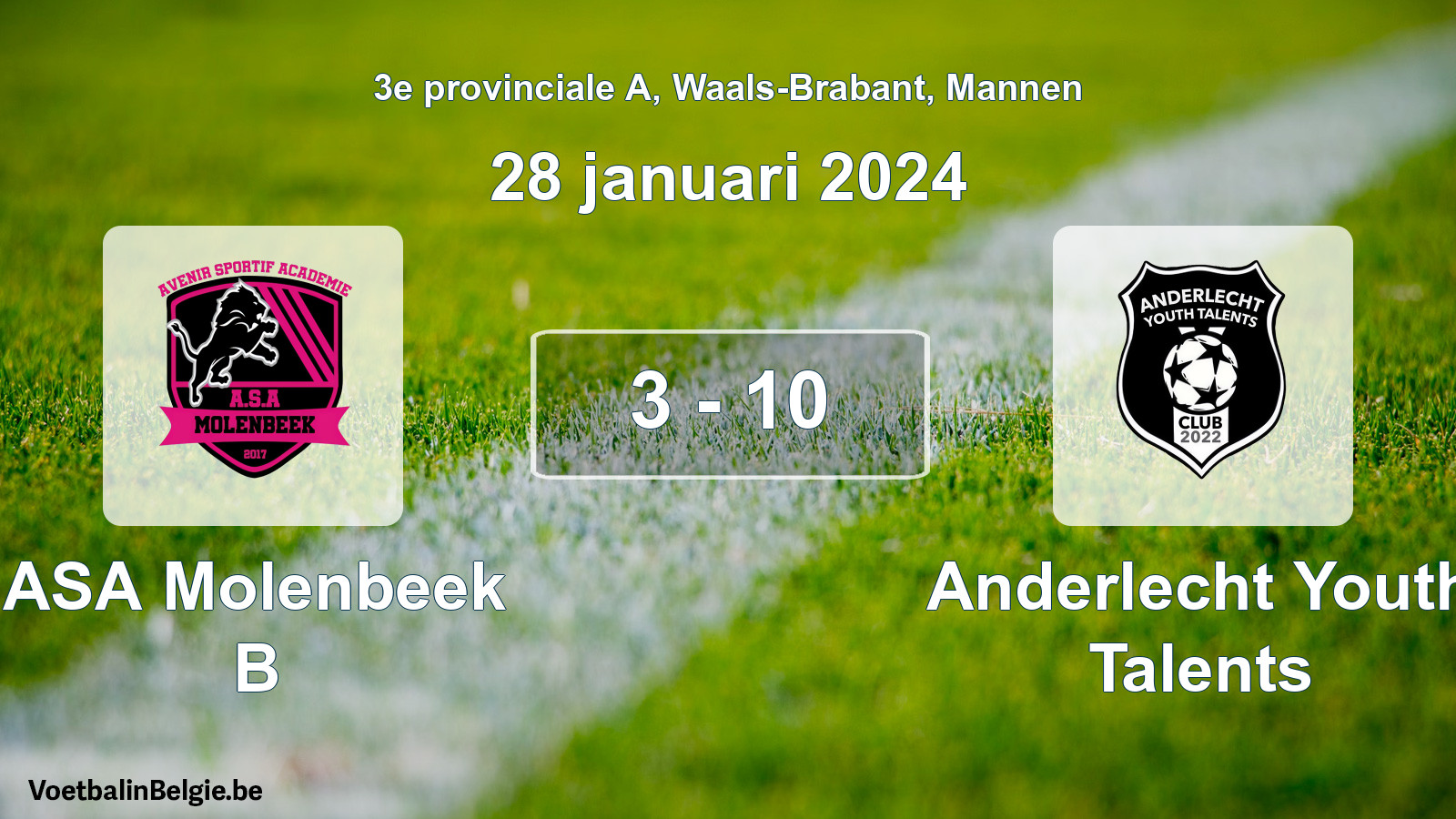 Gespeelde wedstrijd mannenvoetbal: ASA Molenbeek B - Anderlecht Youth Talents 3 - 10 (28 januari 2024)