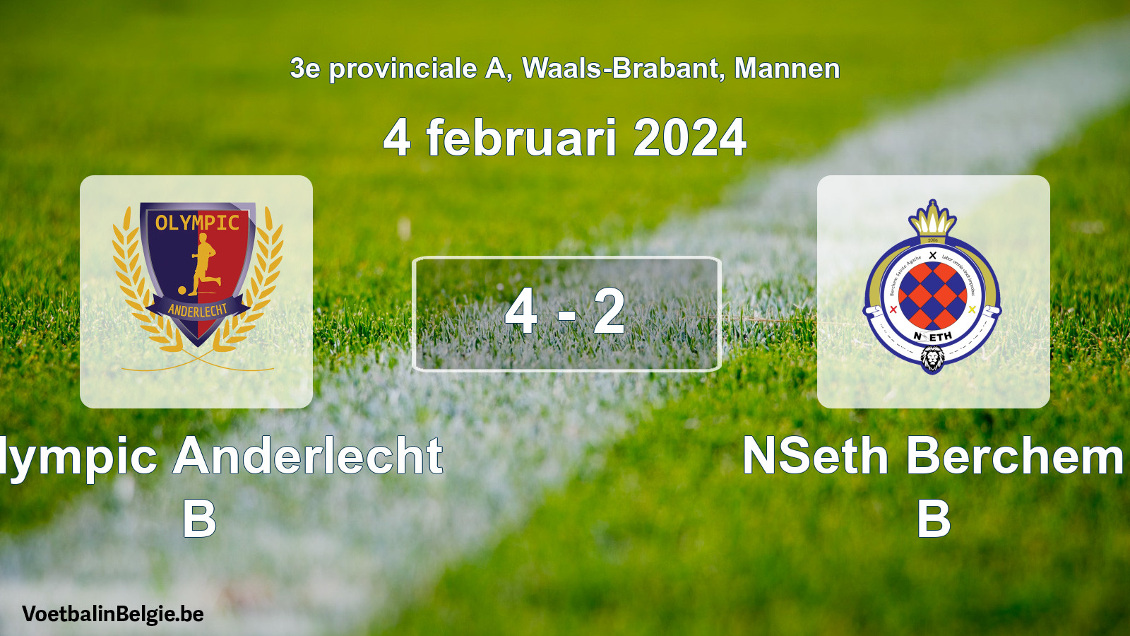 Gespeelde wedstrijd mannenvoetbal: Olympic Anderlecht B - NSeth Berchem B 4 - 2 (4 februari 2024)