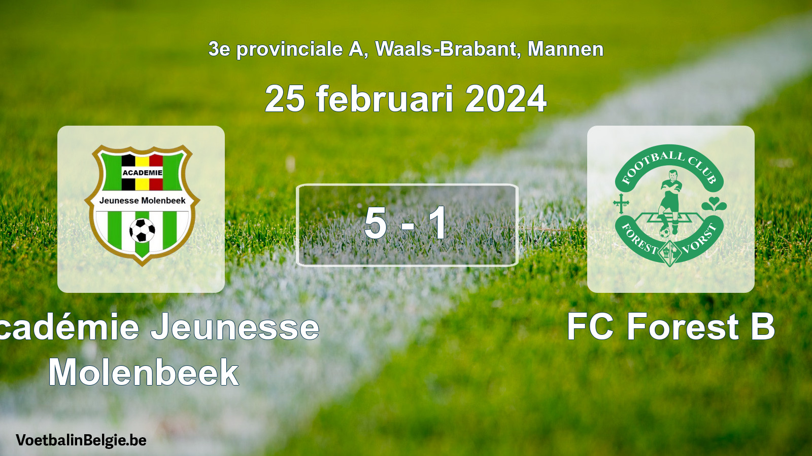 Gespeelde wedstrijd mannenvoetbal: Académie Jeunesse Molenbeek - FC Forest B 5 - 1 (25 februari 2024)