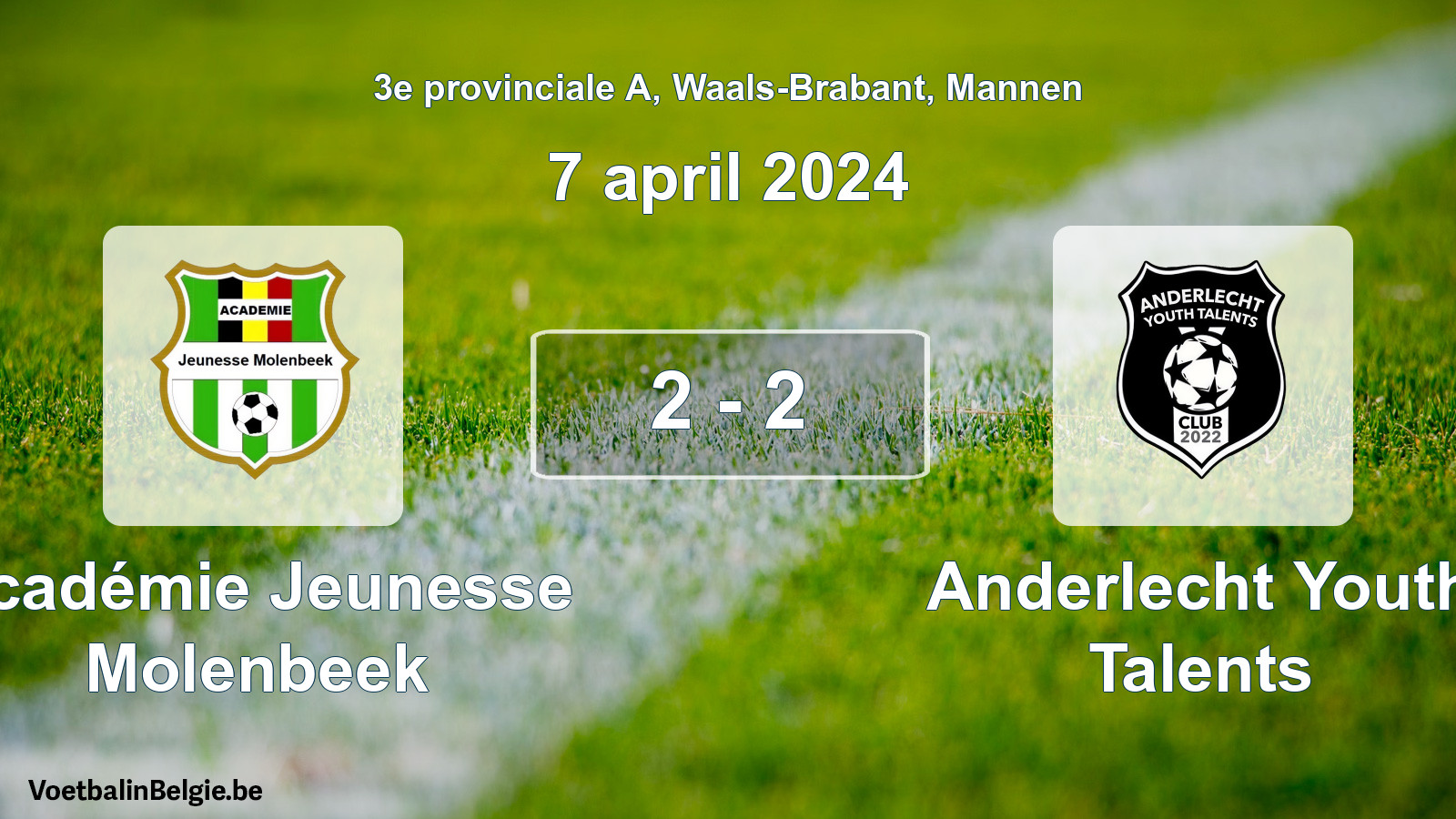 Gespeelde wedstrijd mannenvoetbal: Académie Jeunesse Molenbeek - Anderlecht Youth Talents 2 - 2 (7 april 2024)