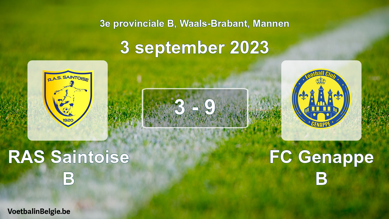 Gespeelde wedstrijd mannenvoetbal: RAS Saintoise B - FC Genappe B 3 - 9 (3 september 2023)