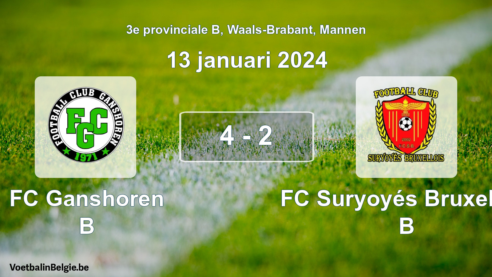 Gespeelde wedstrijd mannenvoetbal: FC Ganshoren B - FC Suryoyés Bruxellois B 4 - 2 (13 januari 2024)