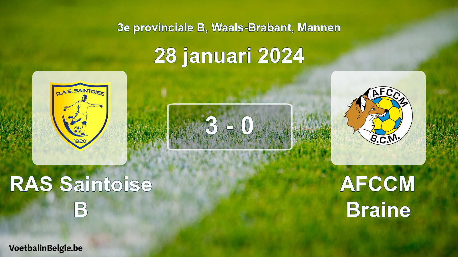 Gespeelde wedstrijd mannenvoetbal: RAS Saintoise B - AFCCM Braine 3 - 0 (28 januari 2024)