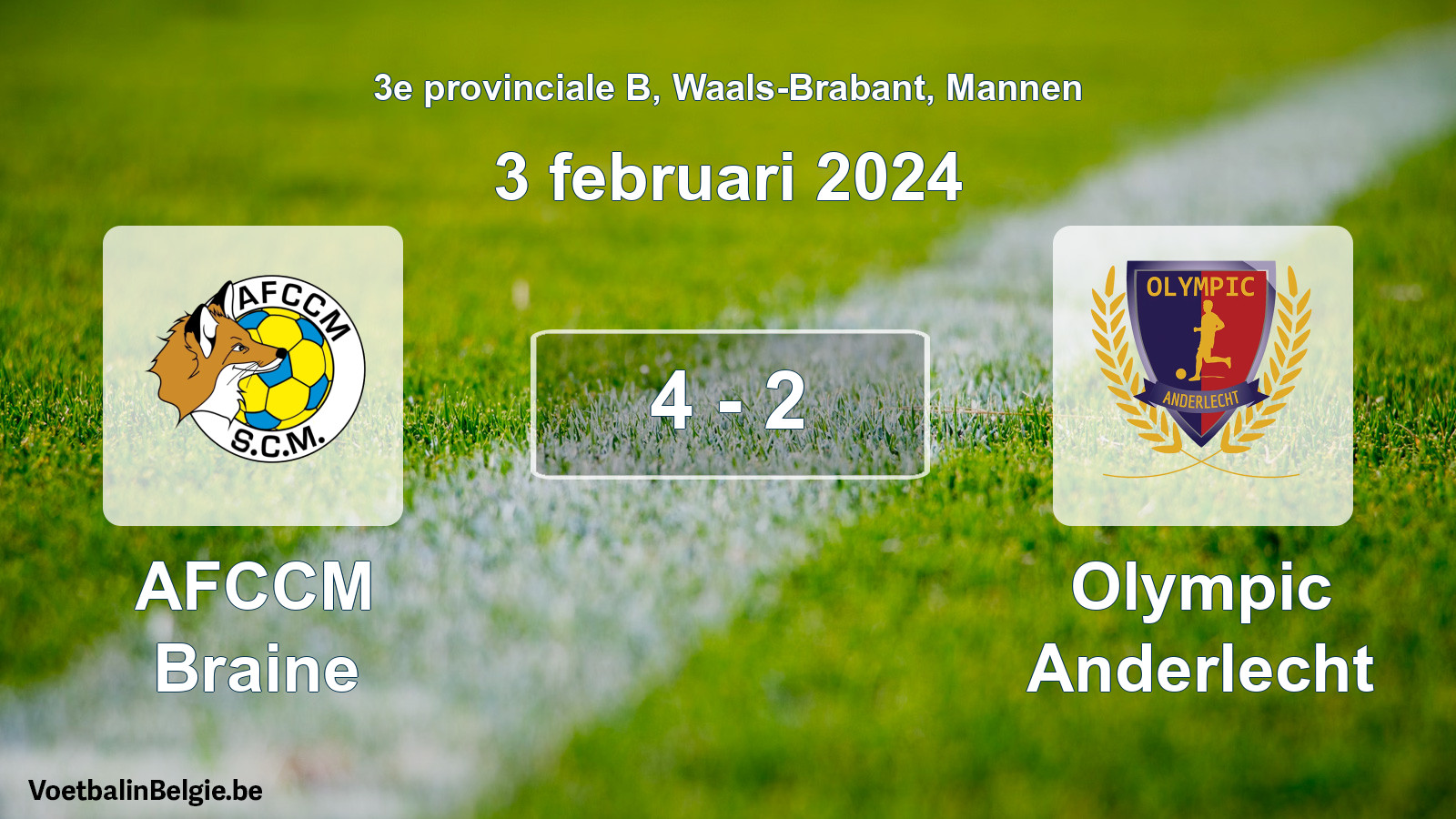 Gespeelde wedstrijd mannenvoetbal: AFCCM Braine - Olympic Anderlecht 4 - 2 (3 februari 2024)