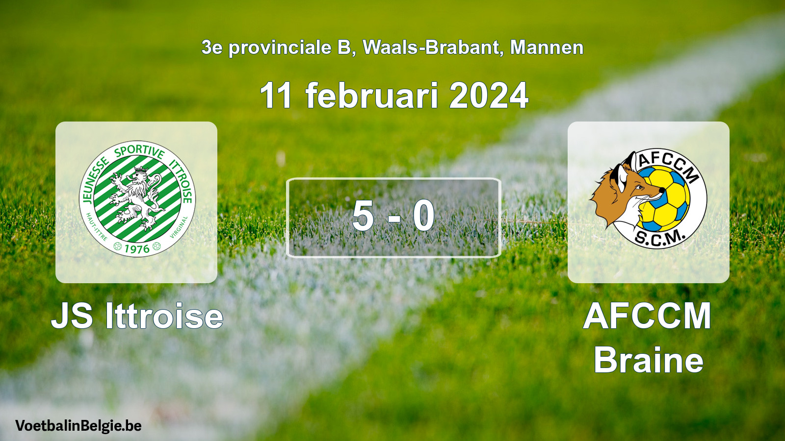 Gespeelde wedstrijd mannenvoetbal: JS Ittroise - AFCCM Braine 5 - 0 (11 februari 2024)