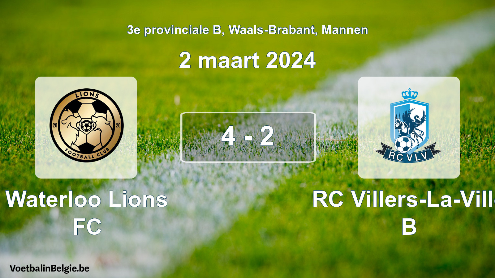 Gespeelde wedstrijd mannenvoetbal: Waterloo Lions FC - RC Villers-La-Ville B 4 - 2 (2 maart 2024)