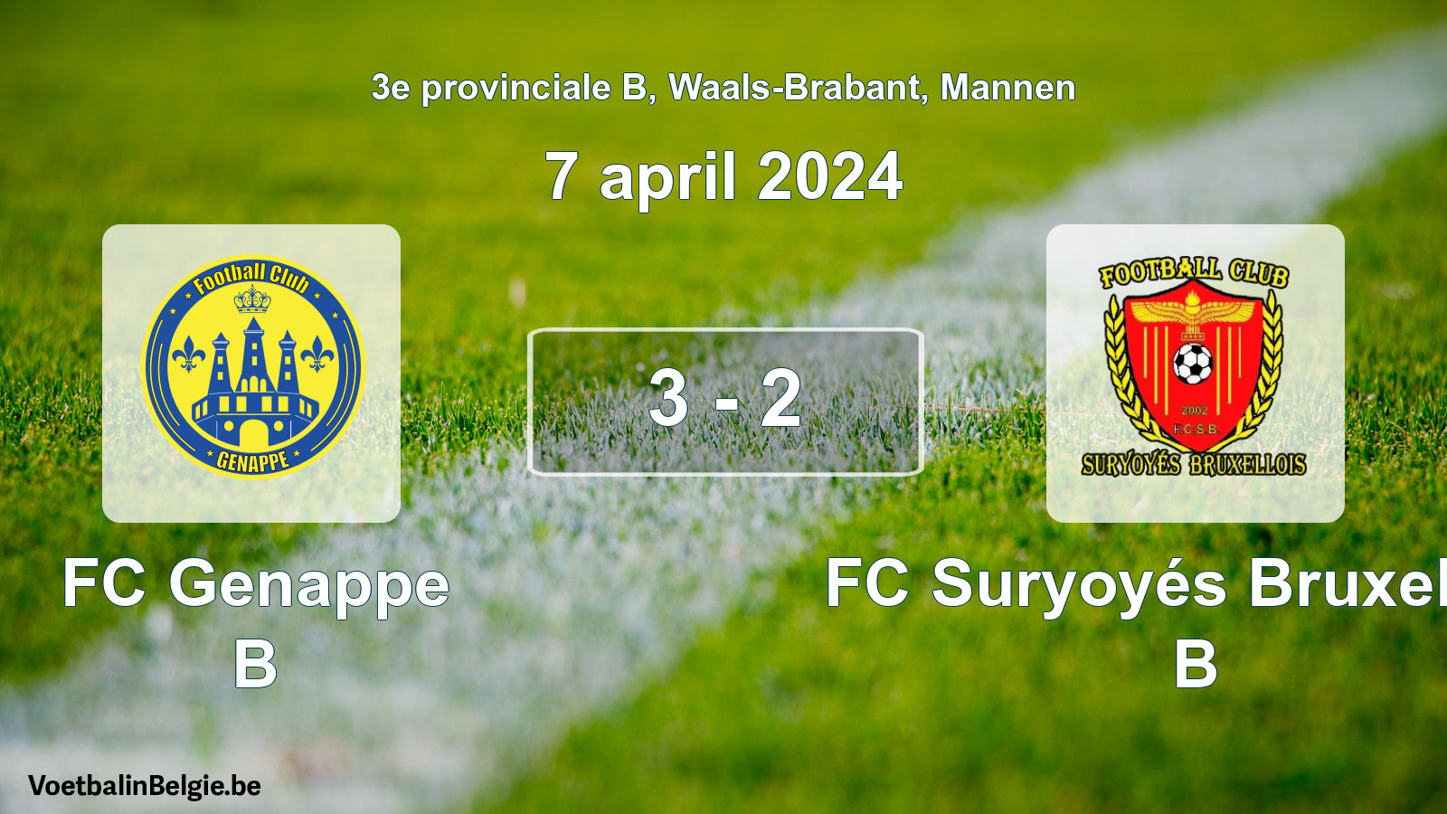 Gespeelde wedstrijd mannenvoetbal: FC Genappe B - FC Suryoyés Bruxellois B 3 - 2 (7 april 2024)