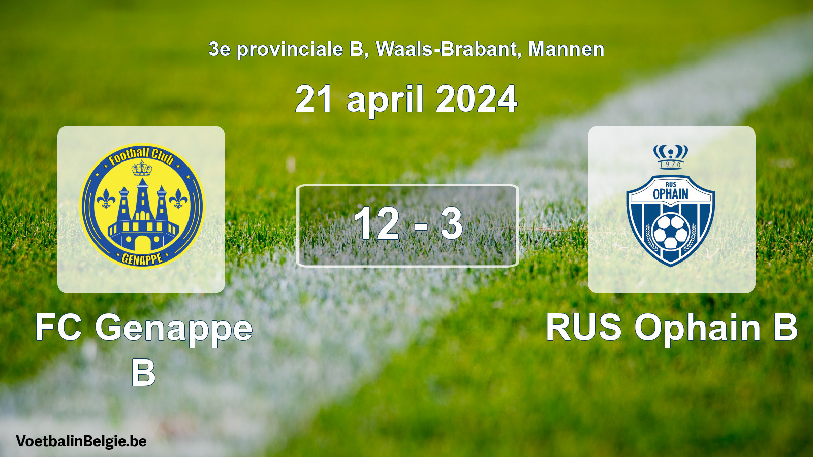 Gespeelde wedstrijd mannenvoetbal: FC Genappe B - RUS Ophain B 12 - 3 (21 april 2024)