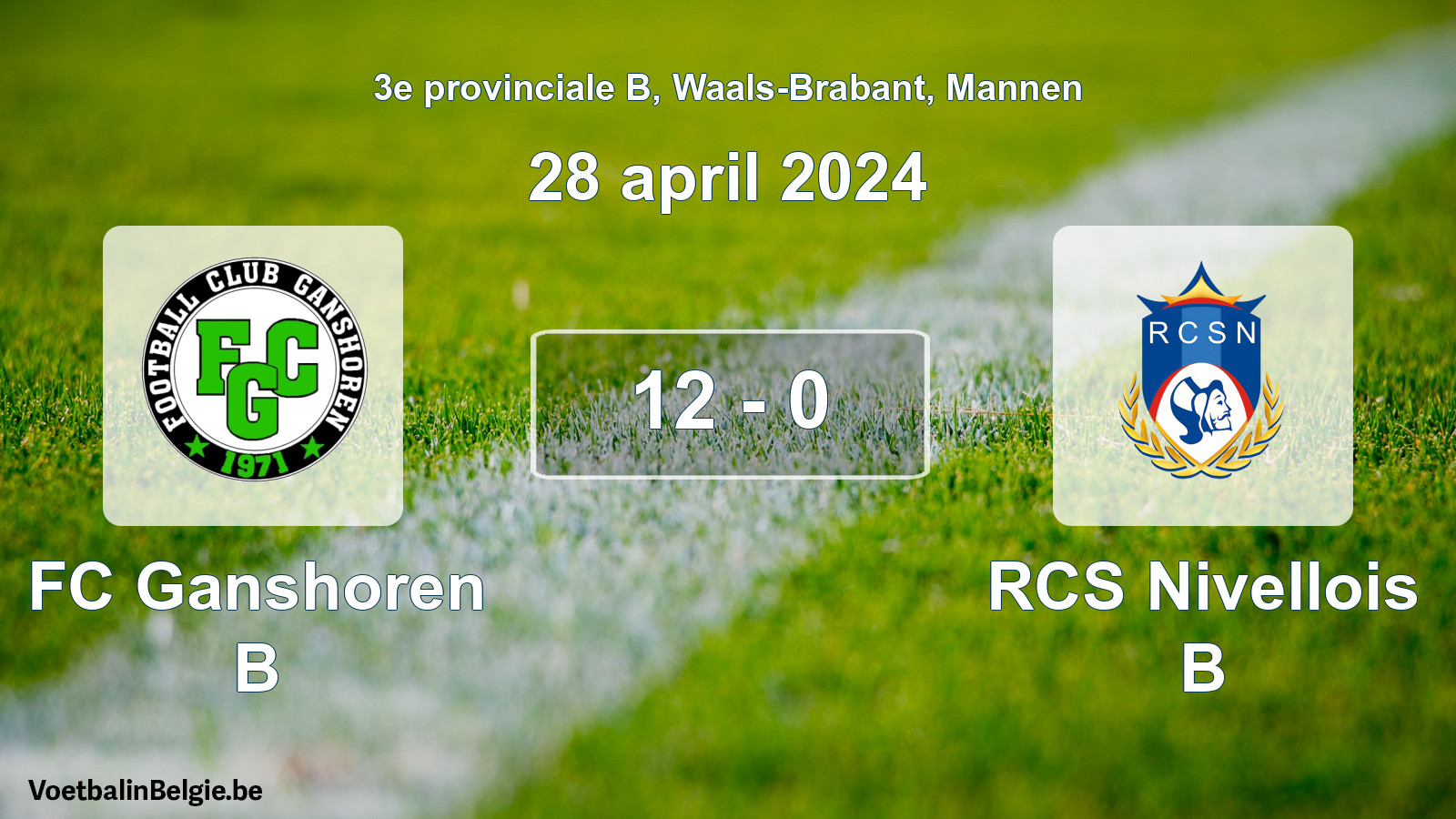 Gespeelde wedstrijd mannenvoetbal: FC Ganshoren B - RCS Nivellois B 12 - 0 (28 april 2024)