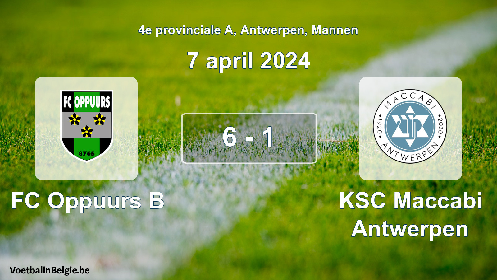 Gespeelde wedstrijd mannenvoetbal: FC Oppuurs B - KSC Maccabi Antwerpen 6 - 1 (7 april 2024)