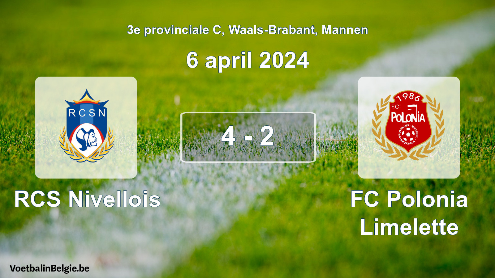 Gespeelde wedstrijd mannenvoetbal: RCS Nivellois - FC Polonia Limelette 4 - 2 (6 april 2024)