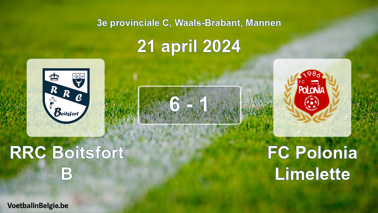 Gespeelde wedstrijd mannenvoetbal: RRC Boitsfort B - FC Polonia Limelette 6 - 1 (21 april 2024)