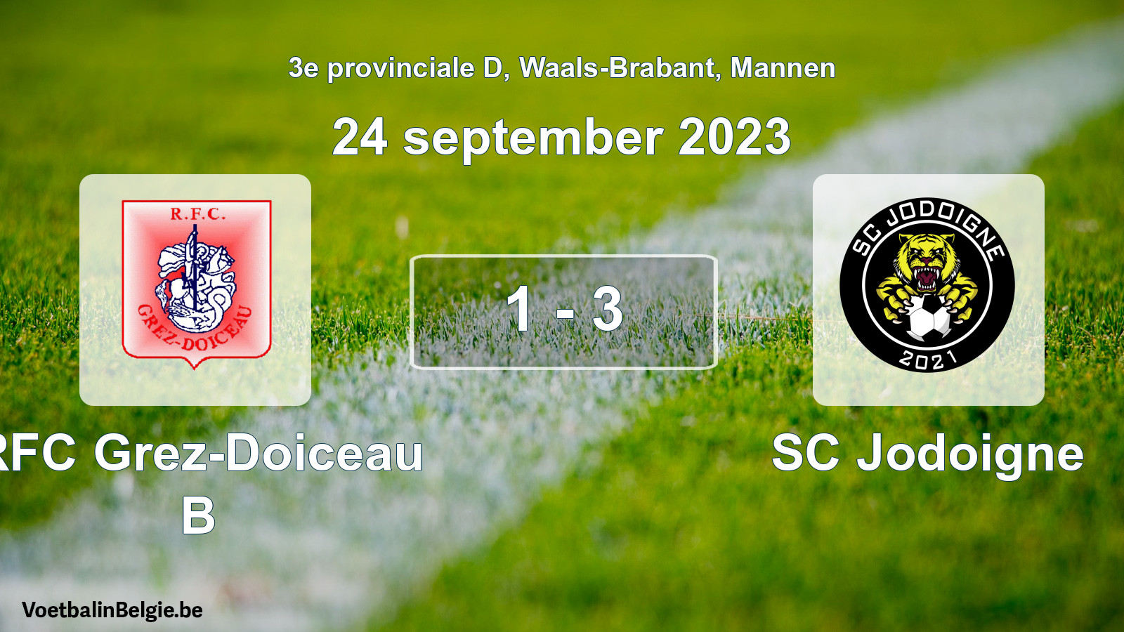 Gespeelde wedstrijd mannenvoetbal: RFC Grez-Doiceau B - SC Jodoigne 1 - 3 (24 september 2023)