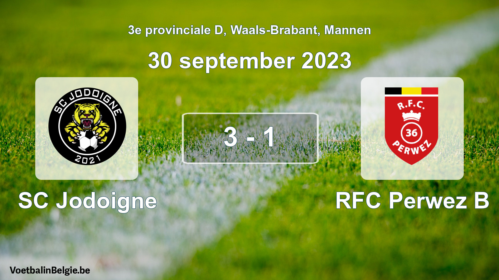 Gespeelde wedstrijd mannenvoetbal: SC Jodoigne - RFC Perwez B 3 - 1 (30 september 2023)
