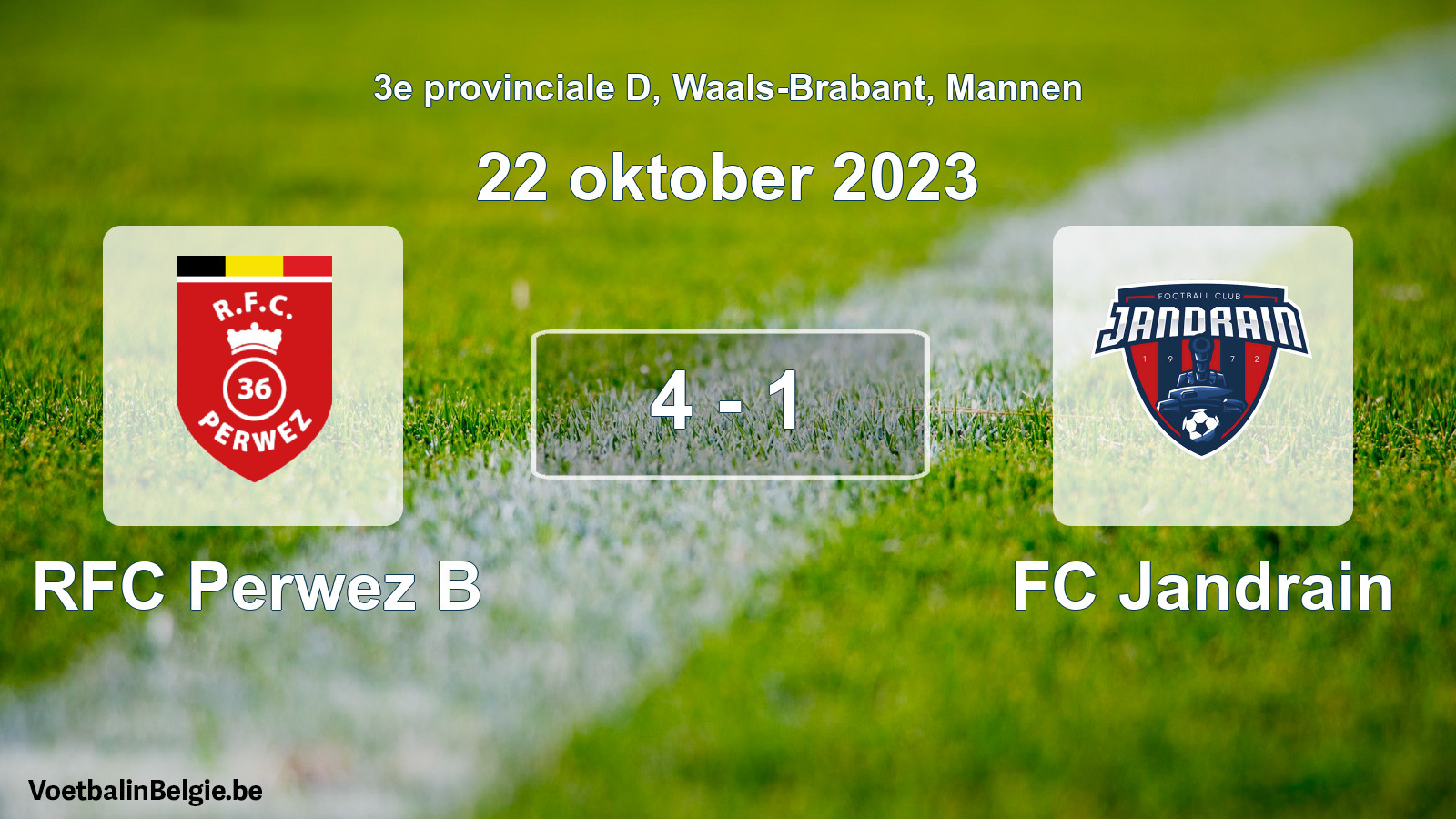 Gespeelde wedstrijd mannenvoetbal: RFC Perwez B - FC Jandrain 4 - 1 (22 oktober 2023)