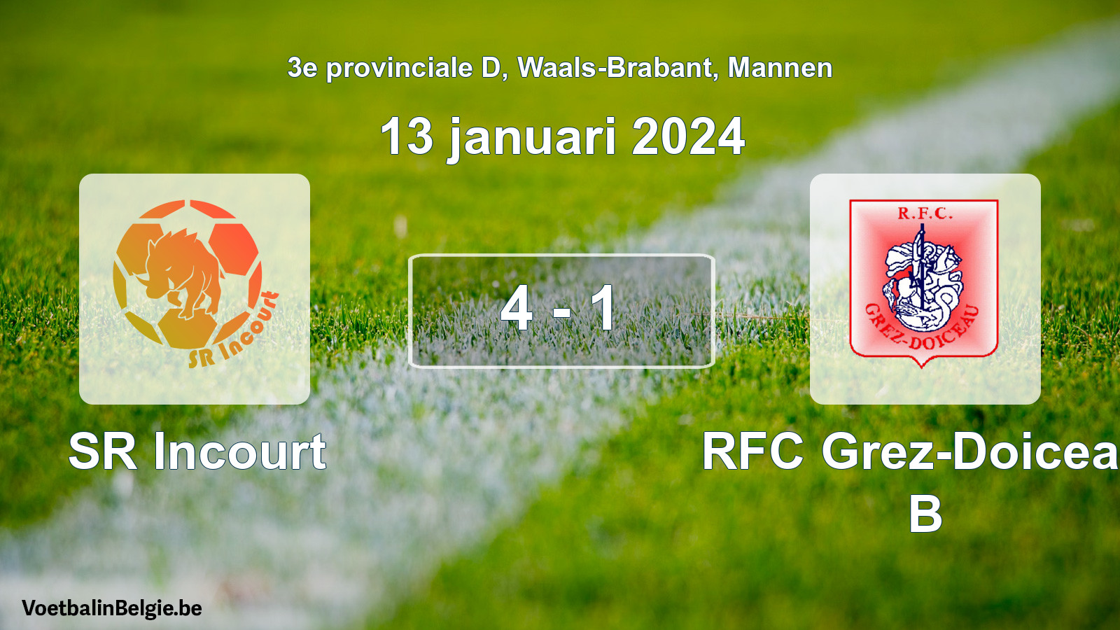 Gespeelde wedstrijd mannenvoetbal: SR Incourt - RFC Grez-Doiceau B 4 - 1 (13 januari 2024)