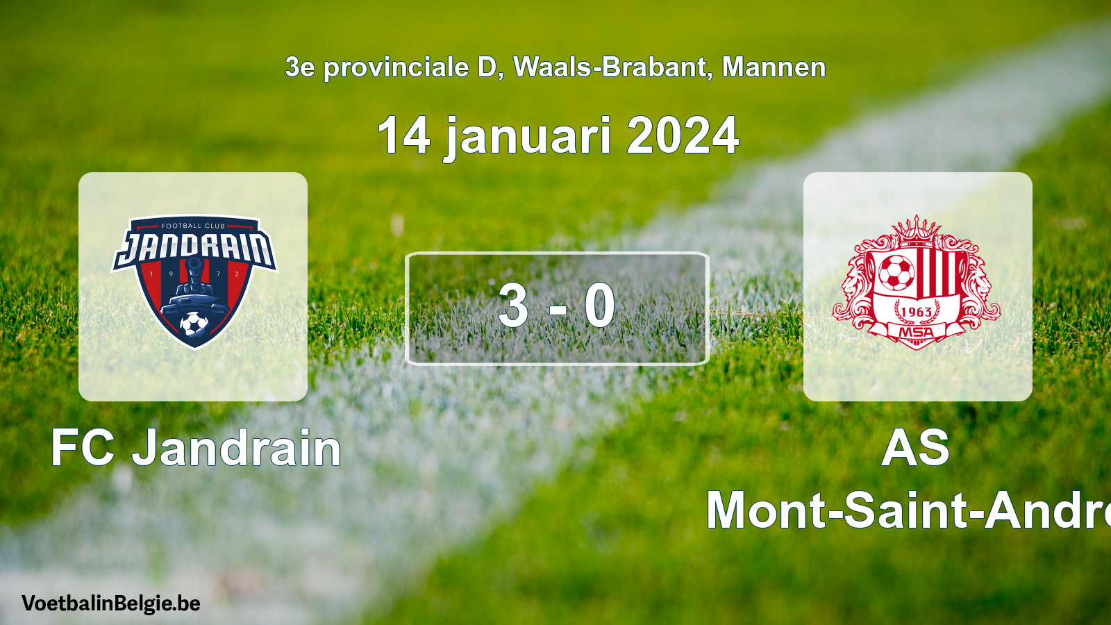 Gespeelde wedstrijd mannenvoetbal: FC Jandrain - AS Mont-Saint-André 3 - 0 (14 januari 2024)